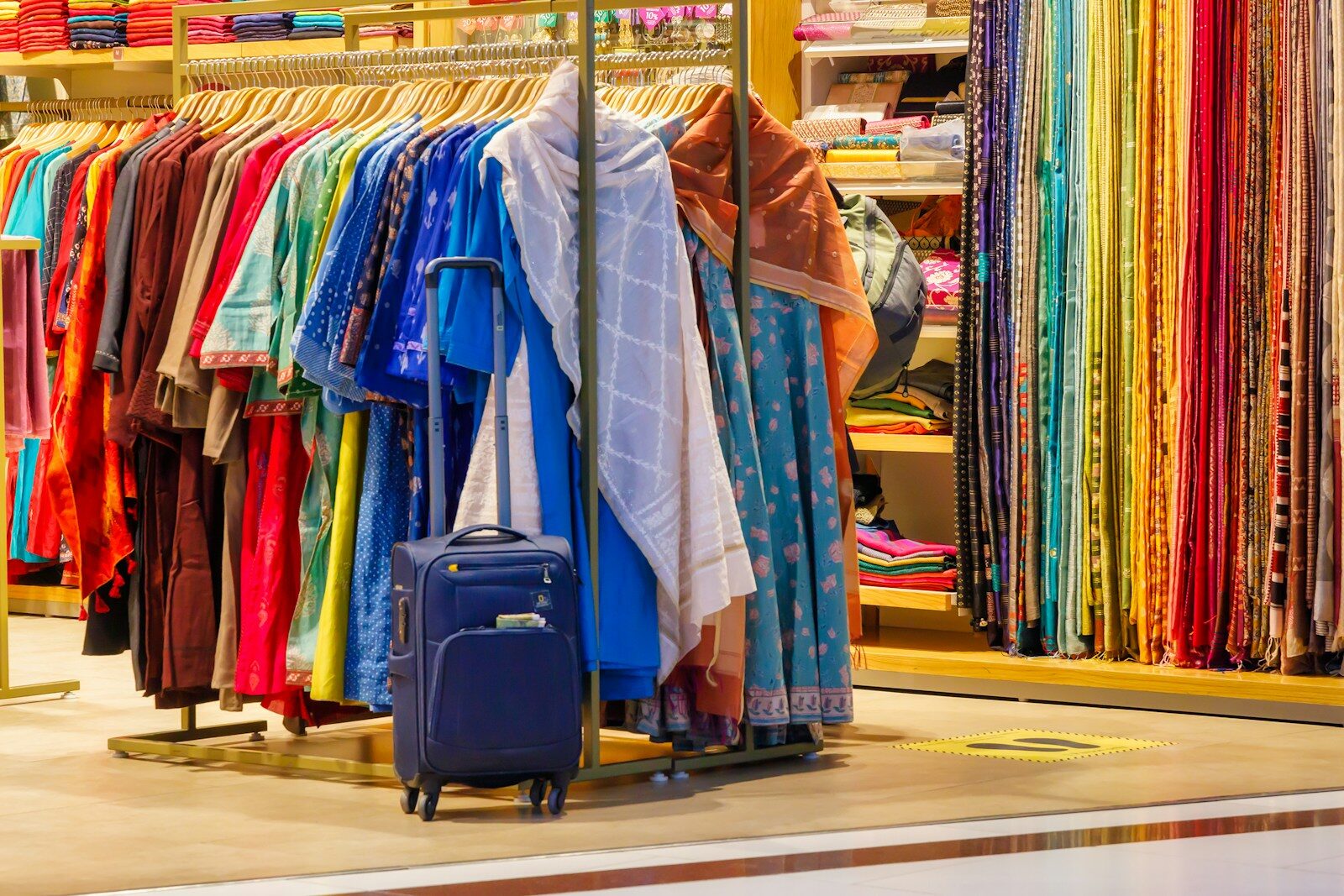 black luggage bag on yellow and blue textile
